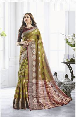 Mehendi woven cotton saree with blouse 1