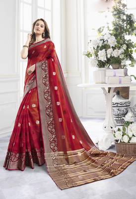 Red woven cotton saree with blouse 1