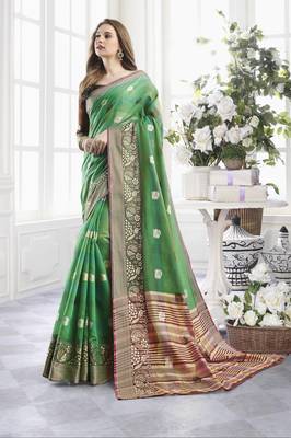 Green woven cotton saree with blouse 1