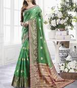 Green woven cotton saree with blouse