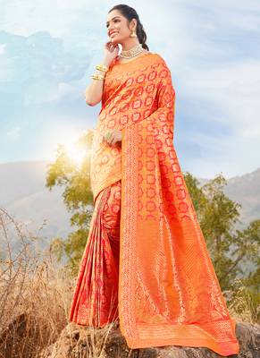 Orange woven banarasi silk saree with blouse 1