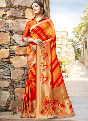 Orange woven banarasi silk saree with blouse 1