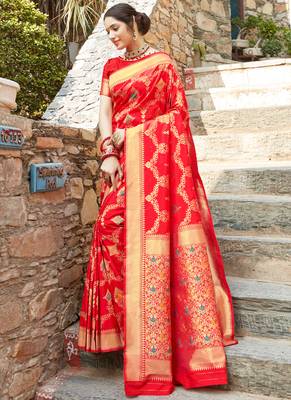 Red woven banarasi silk saree with blouse 1