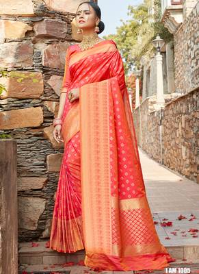 Orange woven banarasi silk saree with blouse 1