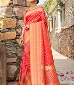 Orange woven banarasi silk saree with blouse