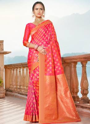 Orange woven banarasi silk saree with blouse 1