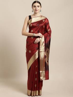 Maroon woven raw silk saree with blouse 1