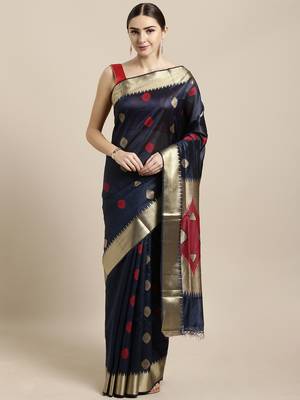 Navy blue woven raw silk saree with blouse 1