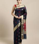 Navy blue woven raw silk saree with blouse