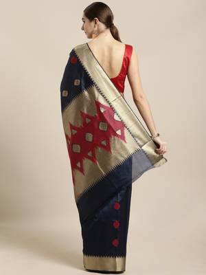 Navy blue woven raw silk saree with blouse 2