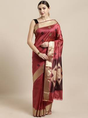 Pink woven raw silk saree with blouse 1