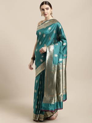 Green woven silk blend saree with blouse 1