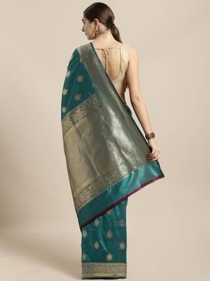 Green woven silk blend saree with blouse 2