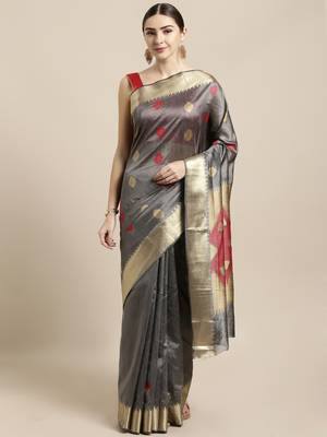 Grey woven raw silk saree with blouse 1