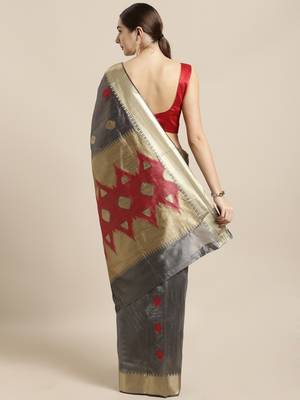 Grey woven raw silk saree with blouse 2