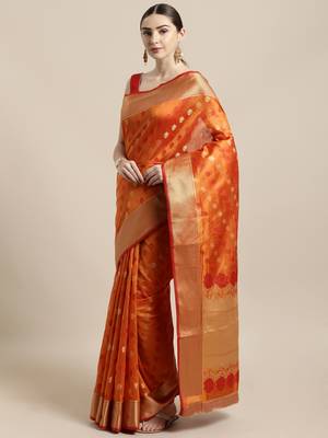 Orange woven raw silk saree with blouse 1