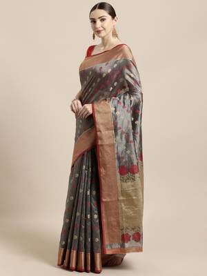 Grey woven raw silk saree with blouse 1