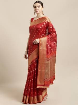 Red woven raw silk saree with blouse 1