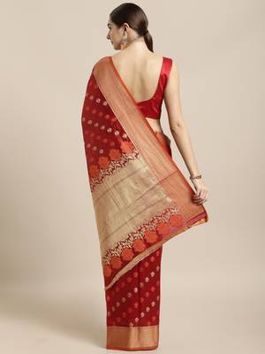 Red woven raw silk saree with blouse 2