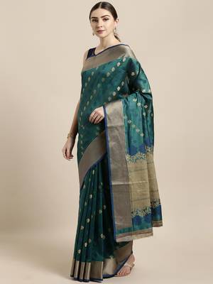 Sea green woven raw silk saree with blouse 1