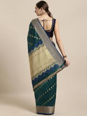 Sea green woven raw silk saree with blouse 2