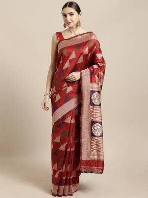 Maroon woven raw silk saree with blouse 1