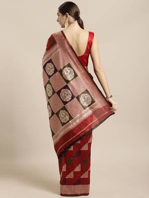 Maroon woven raw silk saree with blouse 2