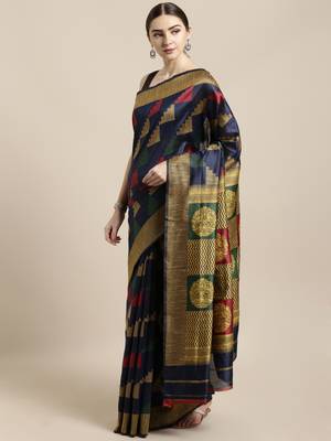 Navy blue woven raw silk saree with blouse 1
