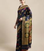Navy blue woven raw silk saree with blouse