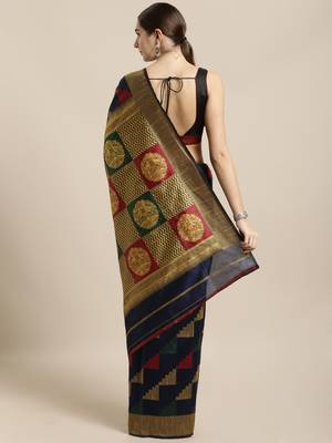 Navy blue woven raw silk saree with blouse 2