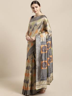 Beige woven raw silk saree with blouse 1