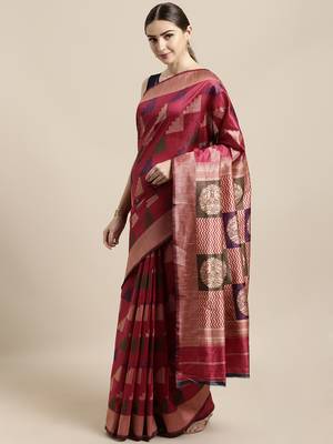 Magenta woven raw silk saree with blouse 1