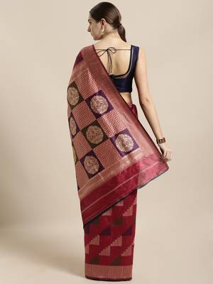 Magenta woven raw silk saree with blouse 2