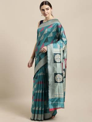 Turquoise woven raw silk saree with blouse 1