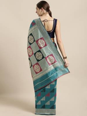 Turquoise woven raw silk saree with blouse 2