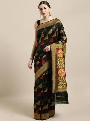 Black woven raw silk saree with blouse 1