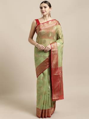 Green woven organza saree with blouse 1