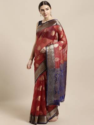 Maroon woven organza saree with blouse 1