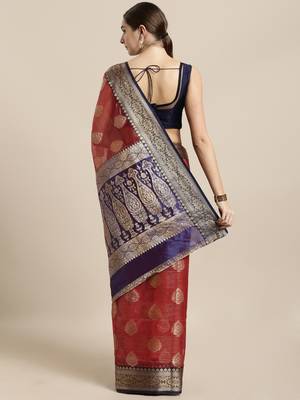 Maroon woven organza saree with blouse 2