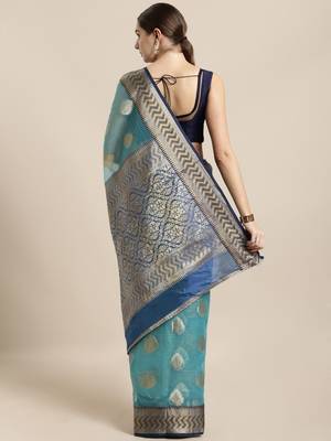 Turquoise woven organza saree with blouse 2