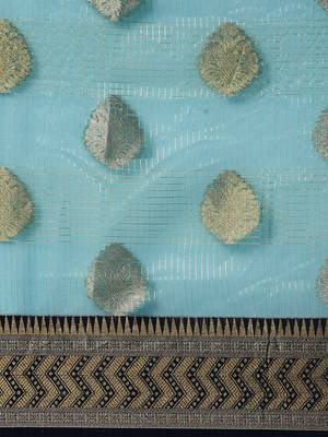 Turquoise woven organza saree with blouse 5