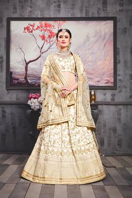 White embroidered silk semi-stitched lehenga 1