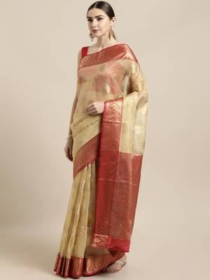 Beige woven organza saree with blouse 1