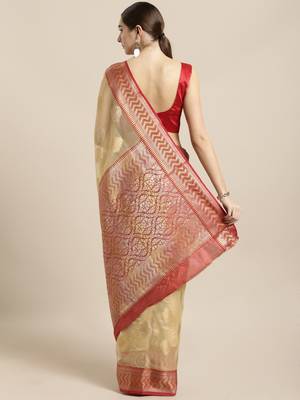 Beige woven organza saree with blouse 2