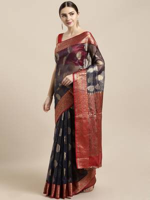 Navy blue woven organza saree with blouse 1