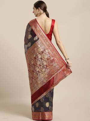 Navy blue woven organza saree with blouse 2