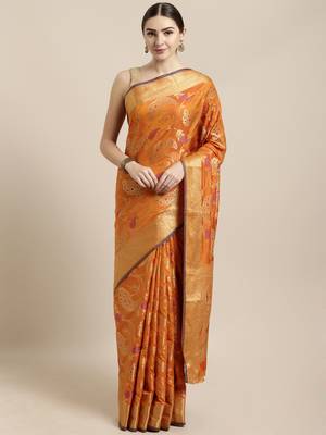 Orange woven silk blend saree with blouse 1