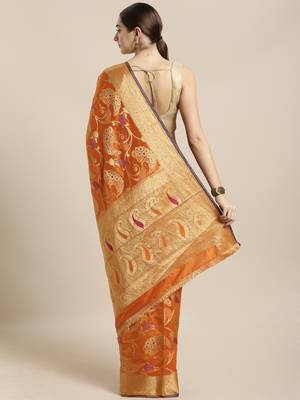 Orange woven silk blend saree with blouse 2