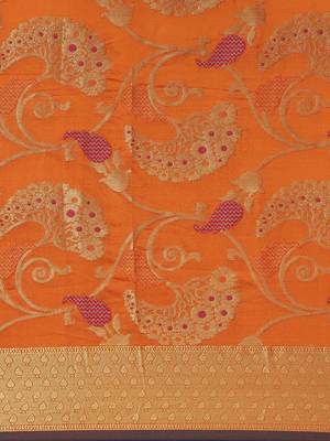 Orange woven silk blend saree with blouse 5