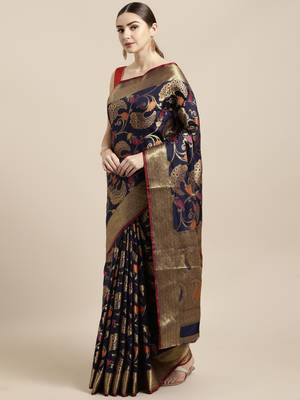 Navy blue woven silk blend saree with blouse 1